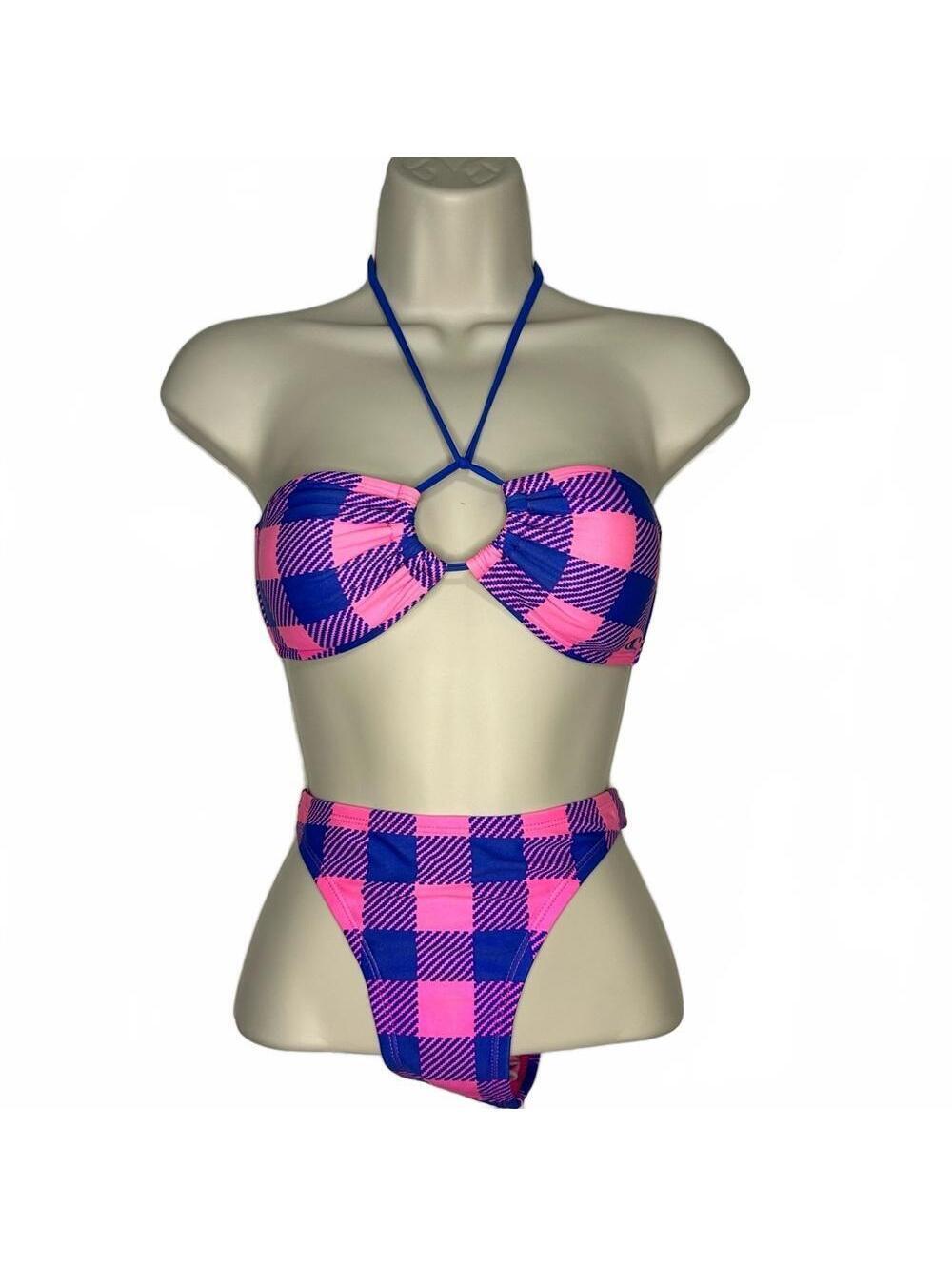 O’Neill Neon Pink & Royal Blue Plaid Bikini | Size Medium